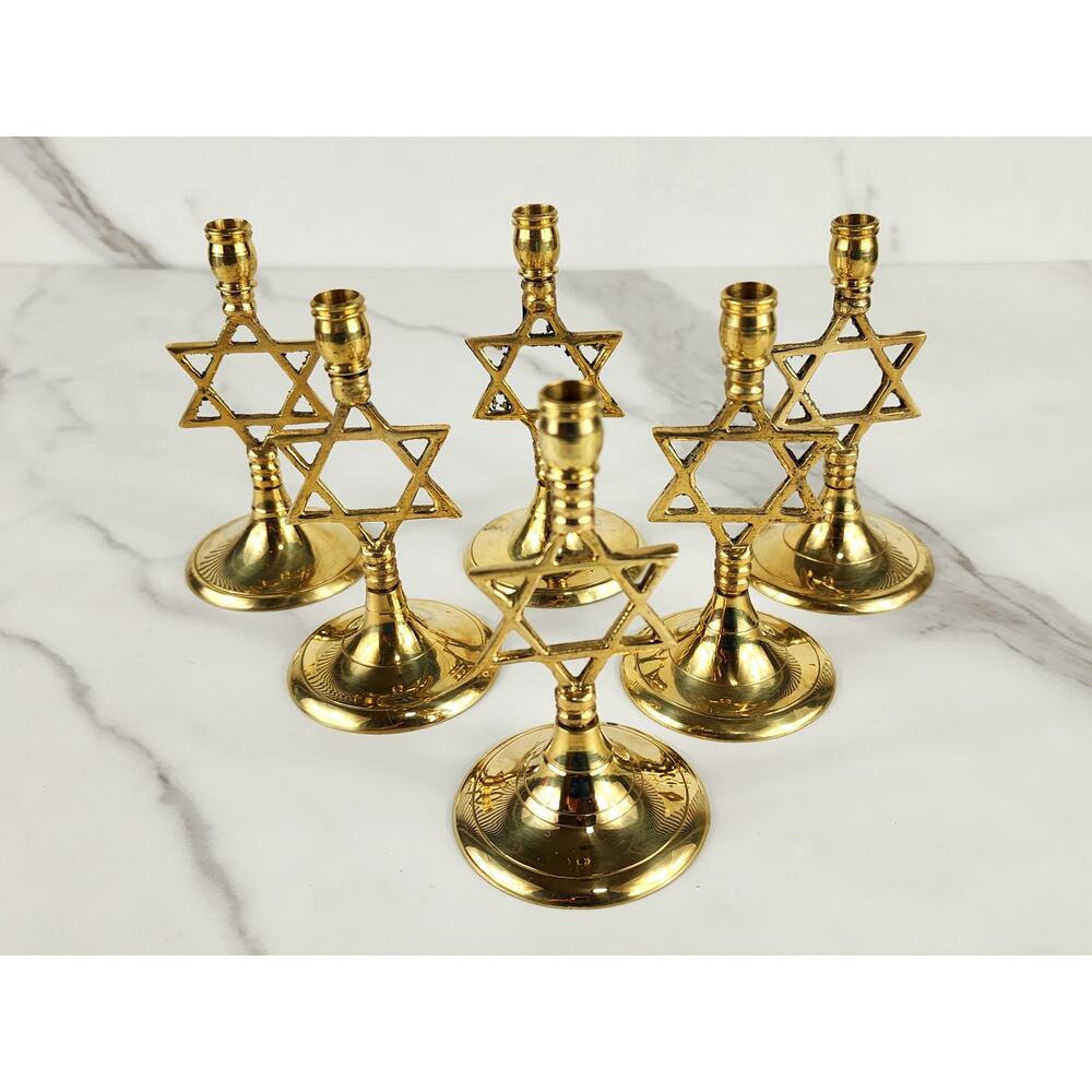 Mini Candlestick Jewish Judaica Brass 4" Candle Holder x6 Hanukkah 90s Vintage